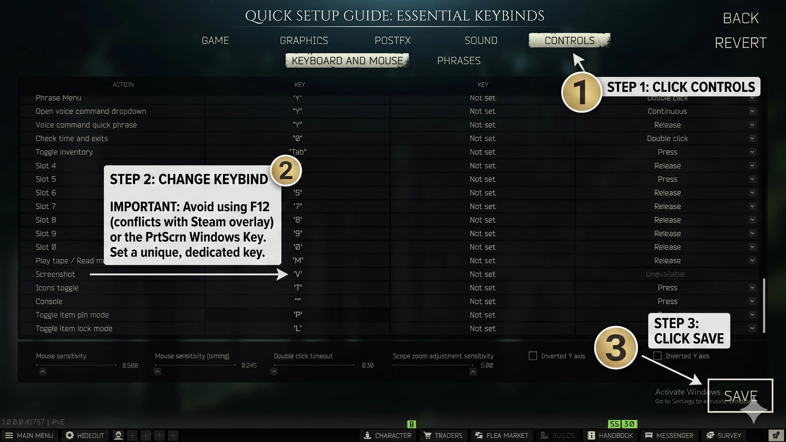 Bind a screenshot key in Tarkov