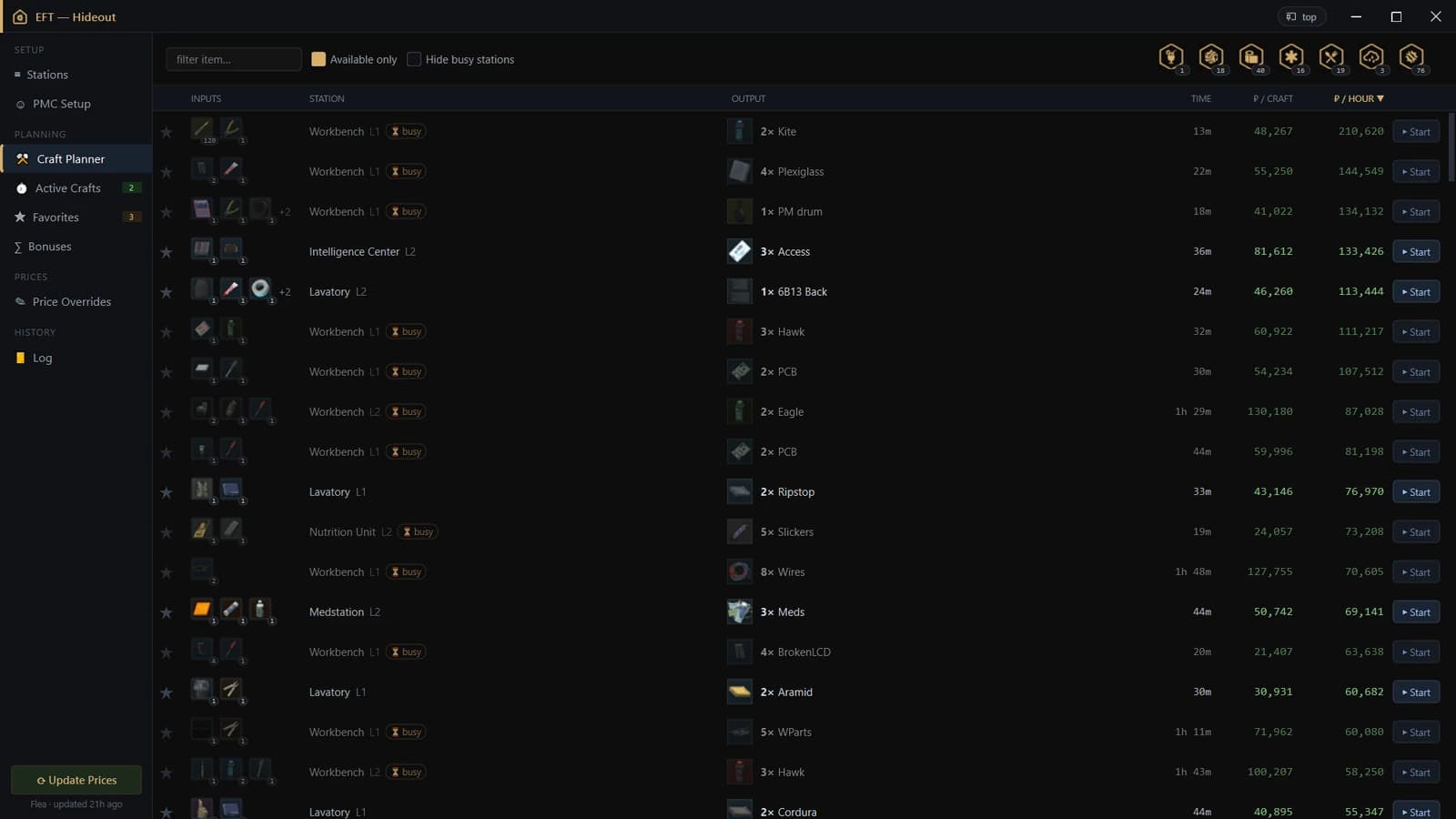 Hideout craft profit planner