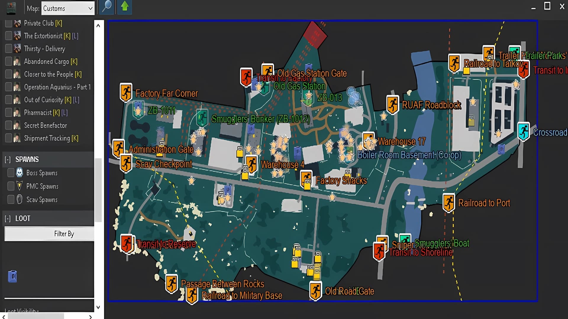 TarkovQuestie interactive map showing live player position on Customs